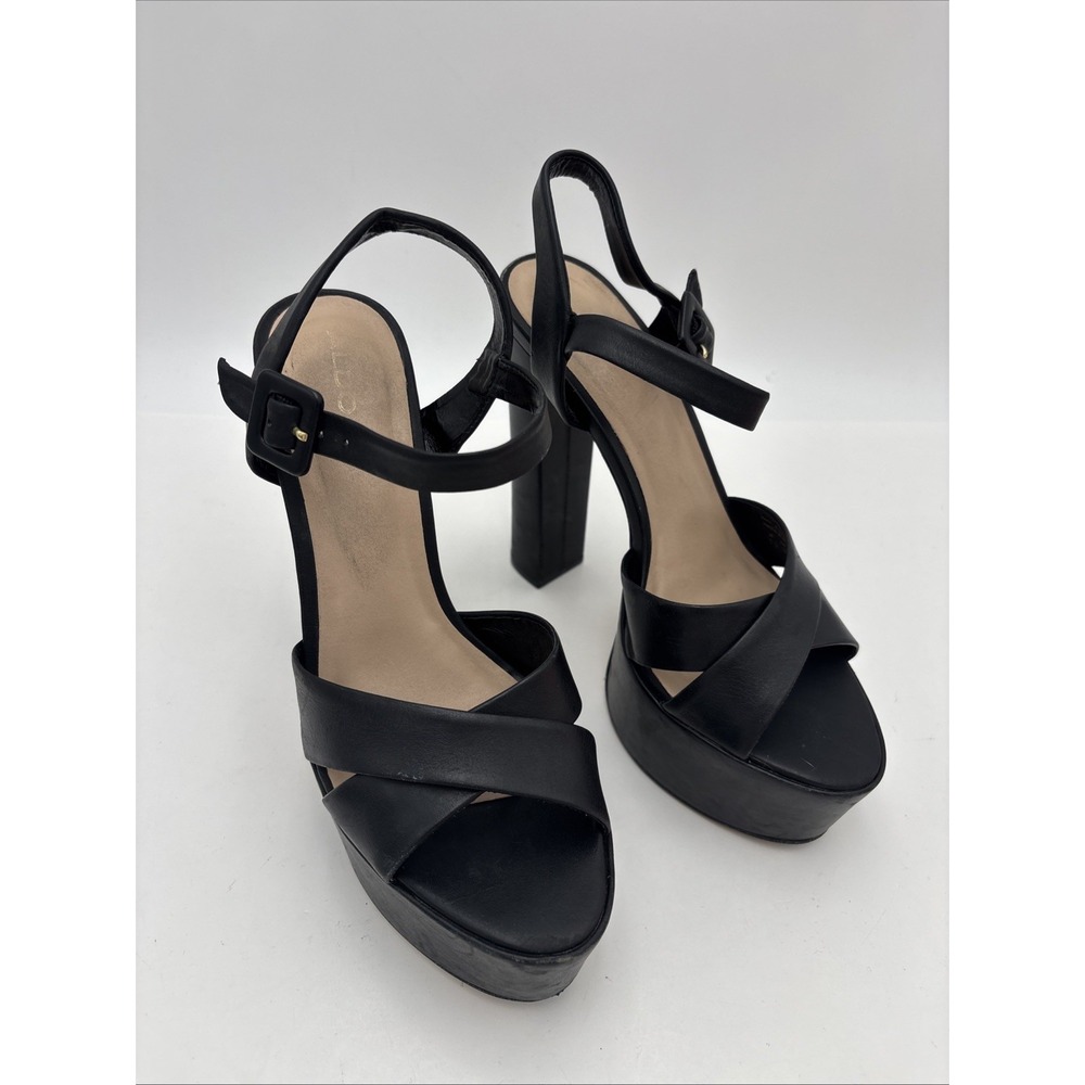 Camelia by ALDO Black REAL Leather Ankle strap platform 6" block heels SZ 7.5
